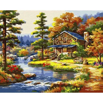Obraz Malování podle čísel Artnapi Lesní chata u řeky 40x50 cm na rámu