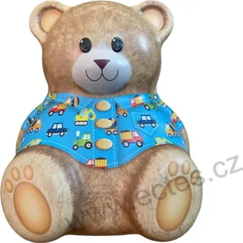 Dóza na potraviny TEDDY BEAR BLUE plechová dóza medvídek v modrém tričku s auty a traktory