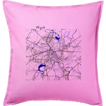 Polštář Plzeň mapa s vodními toky - Polštář 50x50 - 50x50 - Pouze potah ( Růžová )