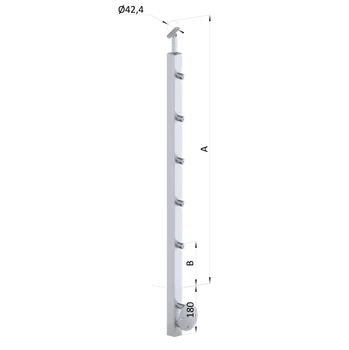 Zábradlí Nerezový sloup, boční kotvení, 5 řadový průchodný, vnitřní, vrch nastavitelný, (40x40 mm), broušená nerez K320 / AISI304