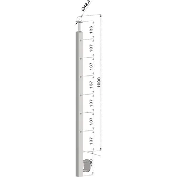 Zábradlí Nerezový sloup, boční kotvení, 6 děrový průchodný, vrch pevný, (40x40 mm), broušená nerez K320 / AISI304