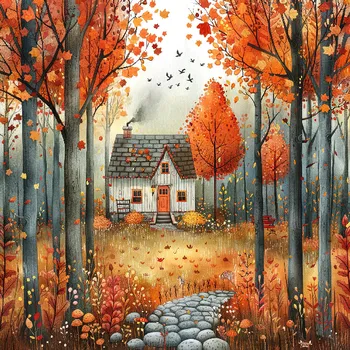 Látkový panel - Podzimní krajinka, domečky - BAR-108 Velikost: 15x15cm, Materiál: Teplákovina nepočesaná