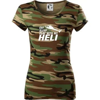 Dámské tričko Eat Sleep Play With My Heli - Dámské maskáčové triko - XS ( Hnědý maskáč )