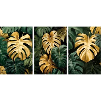 Obraz Plakáty na Zeď Zelené Listy Sada 3 Obrazů Ložnice Bez Rámu 40x30