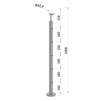 Nerezový sloup, vrchní kotvení, 5 děrový koncový, vrch pevný (ø42,4x2 mm), broušená nerez K320 / AISI316