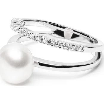 Prsten ANNA PERLY Noblesní dámský prsten z rhodiovaného stříbra s pravou sladkovodní perlou a zirkony Velikost prstenu: 52, Barva perly: bílá