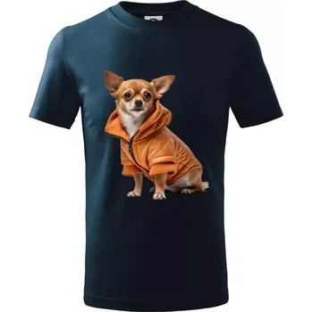 Chlapecké tričko Čivava v bundě - Tričko dětské bavlněné - 134 cm/8 let ( Námořní modrá (velmi tmavá - téměř černá) )