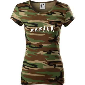 Dámské tričko Evoluce baseball pálkař nápřah + míček - Dámské maskáčové triko - 2XL ( Hnědý maskáč )