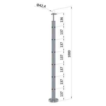 Zábradlí Nerezový sloup, vrchní kotvení, 6 děrový rohový: 90°, vrch pevný (ø42,4x2 mm), broušená nerez K320 / AISI316