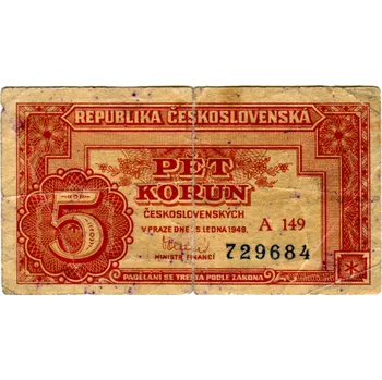 ČESKOSLOVENSKO. 5 korun 1949. Série A 149. Hej. 83a3.