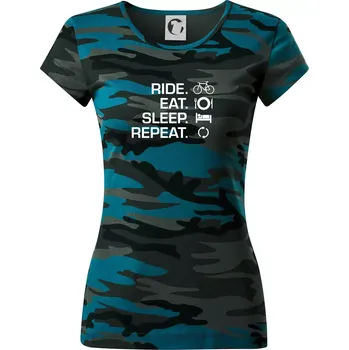 Ride Eat Sleep Repeat kolo - Dámské maskáčové triko - S ( Petrolejová maskáč )