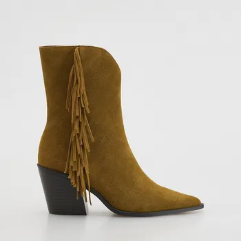 Dámský kabát Reserved - Semišové kotníkové botky ozdobené třásněmi - zlatavá hnědá - 233FF-82X - 233FF-82X-37