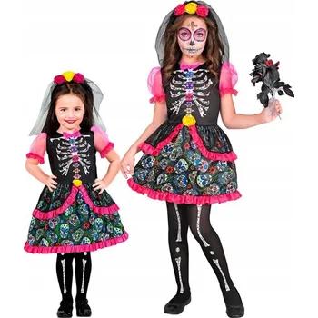 Karnevalový kostým KOSTÝM LOS MUERTOS PRO DÍVKY DĚTSKÝ PŘEVLEK HALLOWEENSKÝ KOSTÝM 140