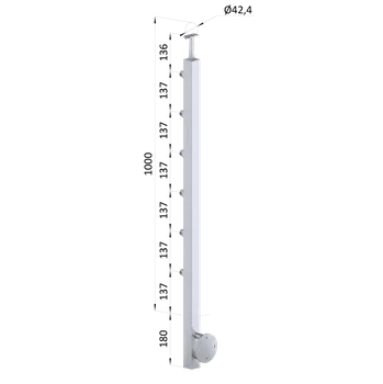 Zábradlí Nerezový sloup, boční kotvení, 6 řadový průchodný, venkovní, vrch pevný, (40x40 mm), broušená nerez K320 / AISI304