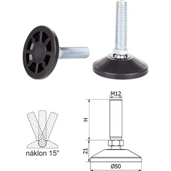 Nivelační přístroj ø-50mm, M12x60mm, H-60mm, čierna, kĺbová plastová nivelačná nožička, závitovo-nastavitelná.
