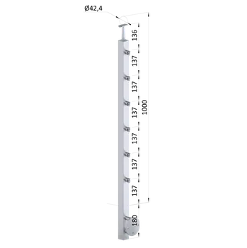 Zábradlí Nerezový sloup, boční kotvení, 6 řadový průchodný, vnitřní, vrch pevný, (40x40 mm), broušená nerez K320 / AISI304