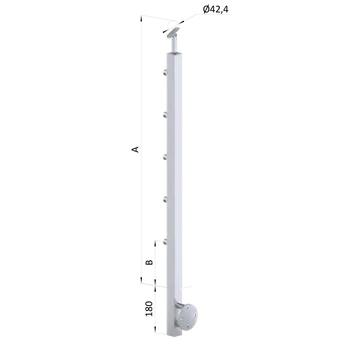 Zábradlí Nerezový sloup, boční kotvení, 5 řadový průchodný, venkovní, vrch nastavitelný, (40x40 mm), broušená nerez K320 / AISI304