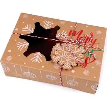 Vánoce Vánoční dárková krabice s průhledem a jmenovkou - 1 hnědá přírodní vločka