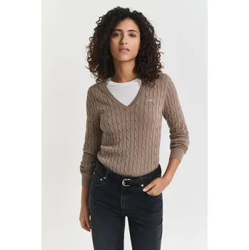 Dámský svetr SVETR GANT STRETCH COTTON CABLE V-NECK TAUPE BEIGE