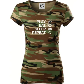 Dámské tričko Play Eat Sleep Repeat americký fotbal - Dámské maskáčové triko - XL ( Hnědý maskáč )