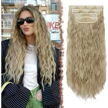 Čelenka FESHFEN Clip-in prodlužování vlasů, 4 ks vlnité dlouhé klip prodlužování vlasů, syntetické