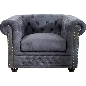 Křeslo Vintage šedé křeslo Chesterfield Grau s ozdobným prošíváním s kulatými knoflíčky a potahem s efektem vintage kůže 105 cm