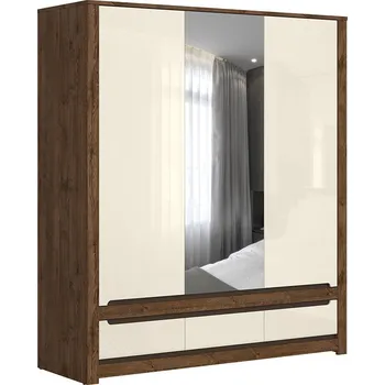 Šatní skříň Prostorná šatní skříň do ložnice se zásuvkami a dvířky se zrcadlem Ruso - Black Red White - BRW Dub April / Perlový Lesk 178.5x204.5 cm