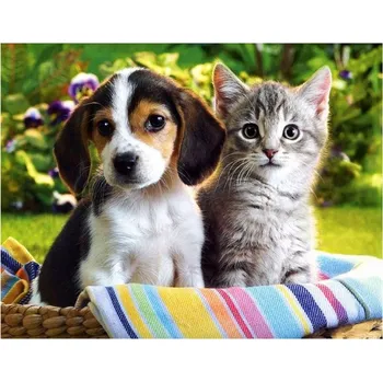 Vikpap W3824 - malování podle čísel, plátno 40 × 30 cm - Pes a kotě v košíku