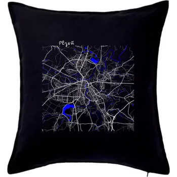 Polštář Plzeň mapa s vodními toky - Polštář 50x50 - 50x50 - Pouze potah ( Černá )