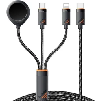 ESSAGER 3v1 univerzální opletený nabíjecí a datový kabel - USB-C na magnetický puk / USB-C / Lightning - 1,2 m - černý