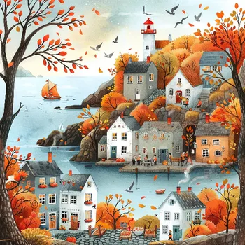 Látkový panel - Podzimní krajinka, domečky - BAR-103 Velikost: 30x30cm, Materiál: Bavlna