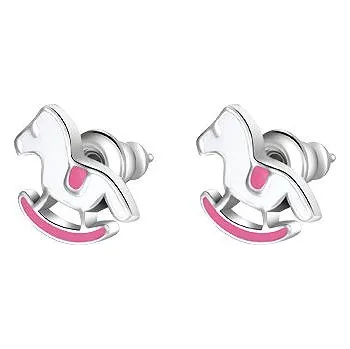 Náušnice LUCA BARRA Ocelové náušnice, houpací kůň s růžovým a fuchsiovým smaltem