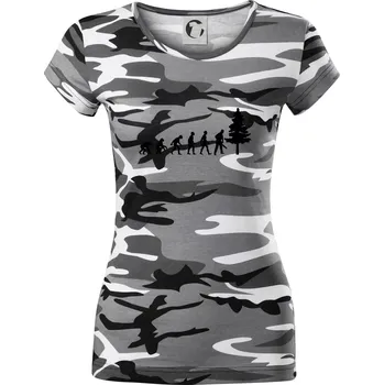 Dámské tričko Evoluce dřevorubec - pila a strom - Dámské maskáčové triko - S ( Šedý maskáč )