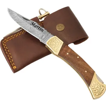 kapesní nůž Exkluzivní nůž z damascénské oceli s mosaznou rukojetí a ořechovým dřevem