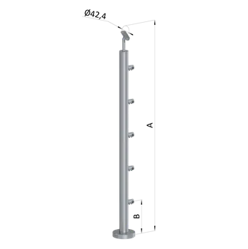 Zábradlí Nerezový sloup, vrchní kotvení, 5 řadový průchodný, vrch nastavitelný (ø 42,4x2 mm), leštěná nerez / AISI304