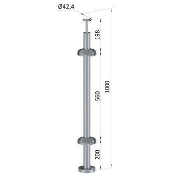 Zábradlí Nerezový sloup, vrchní kotvení, výplň: sklo, rohový: 90°, vrch pevný (ø 42,4x2 mm), leštěná nerez / AISI304