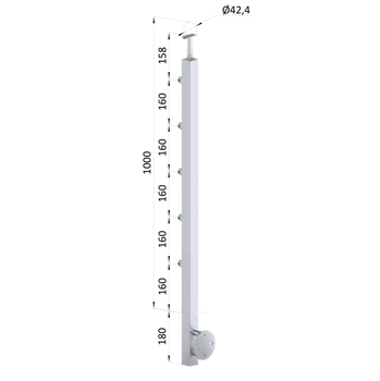 Zábradlí Nerezový sloup, boční kotvení, 5 řadový průchodný, venkovní, vrch pevný, (40x40 mm), broušená nerez K320 / AISI304