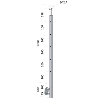 Nerezový sloup, boční kotvení, 5 děrový koncový, levý, vrch pevný (ø 42,4x2 mm), leštěná nerez / AISI304