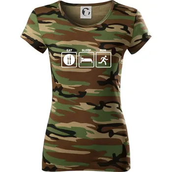 Dámské tričko Eat sleep run čtverce - Dámské maskáčové triko - XL ( Hnědý maskáč )