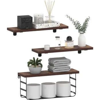 Knihovna Sada 3 nástěnných polic Vasemouh, plovoucí police na knihy na zeď, rustikální dřevěné police,