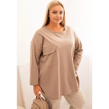 Dámská halenka Kesi Włoski Dámská blůza Plus Size s bavlnou, s kapsou a ohrnovacími rukávy fango Kesi Włoski kaki 3383136
