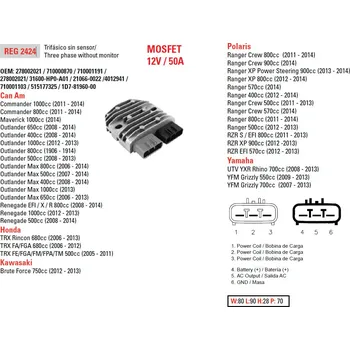 Elektroinstalace pro motocykl DZE regulátor napětí CAN-AM 400/500/650/800/1000; HONDA TRX 500/650/680; KAWASAKI KVF 750 12-13; POLARIS 400/500/550/570/800/900; ARCTIC CAT 550/570/700/1000 (50A) (ESR592) (DZE regulátor napětí CAN-AM 400/500/650/800/1000; HONDA TRX 500/650/680; KAWASAKI