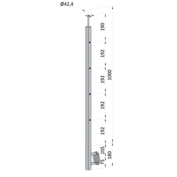 Nerezový sloup, boční kotvení, 4 děrový průchodný, vrch pevný (ø 42,4x2 mm), leštěná nerez / AISI304