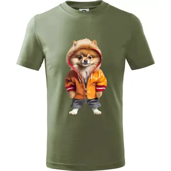 Pomeranian v bundě - Tričko dětské bavlněné - 158 cm/12 let ( Khaki )