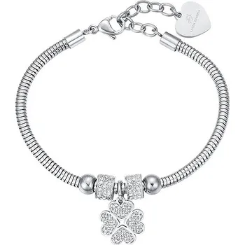 Náramek LUCA BARRA Náramek z oceli se čtyřlístkem a bílými krystaly