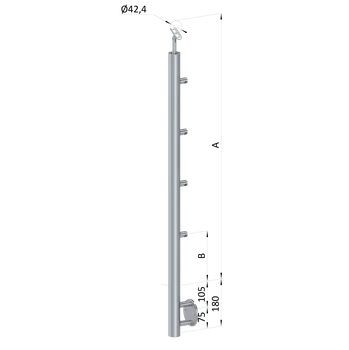 Zábradlí Nerezový sloup, boční kotvení, 4 řadový průchodný, vnitřní, vrch nastavitelný (ø 42,4x2 mm), leštěná nerez / AISI304