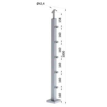Zábradlí Nerezový sloup, vrchní kotvení, 5 řadový průchodný, vrch nastavitelný, (40x40 mm), broušená nerez K320 / AISI304