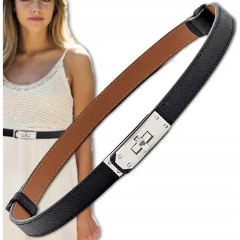 Opasek Pásek Dámský Kožený Úzký Nastavitelný stříbrný spona Černé šaty Kůže Černá