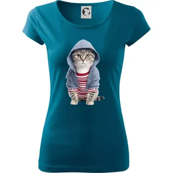 Dámské tričko Kočka v pruhovaném triku - Dámské triko Pure - XS ( Petrolejová )