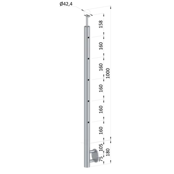 Nerezový sloup, boční kotvení, 5 děrový koncový, pravý, vrch pevný (ø 42,4x2 mm), leštěná nerez / AISI304